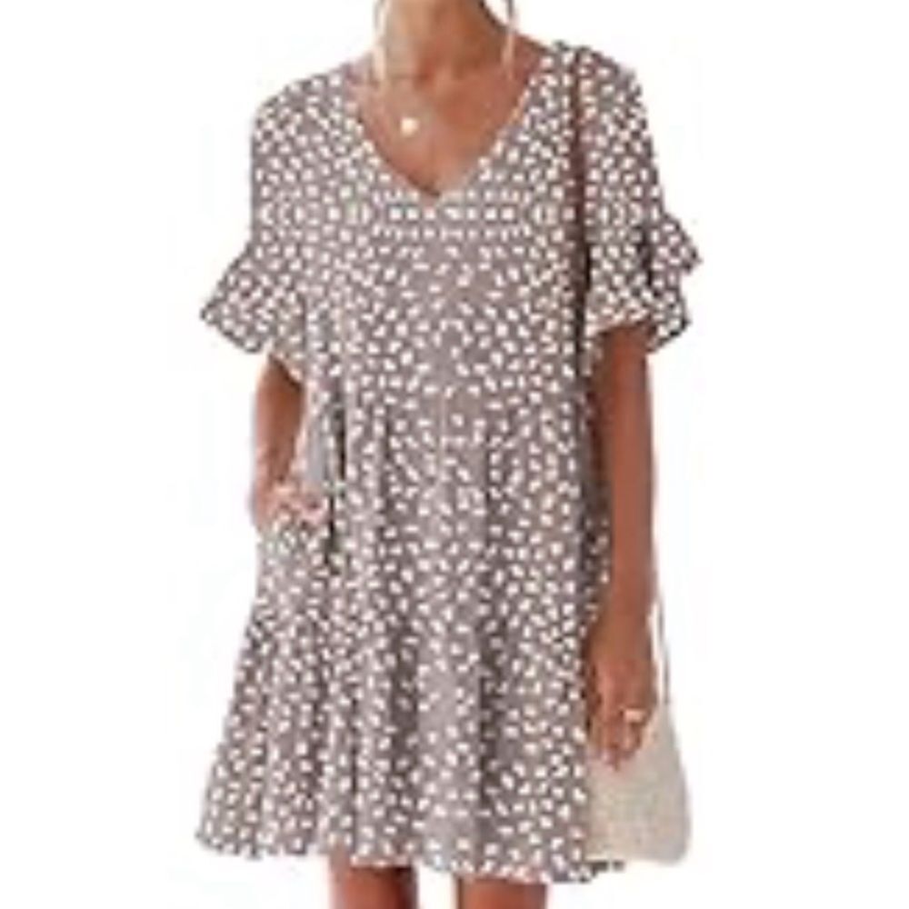 NWT Women’s Large NCLook Tan & White Speckles Ruffle Sleeve Babydoll Shift Dress